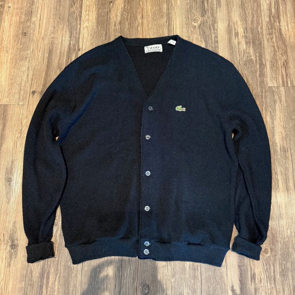 Vintage Izod Lacoste Black Cardigan Sweater Button Up Men's Sz XL Preppy 80's